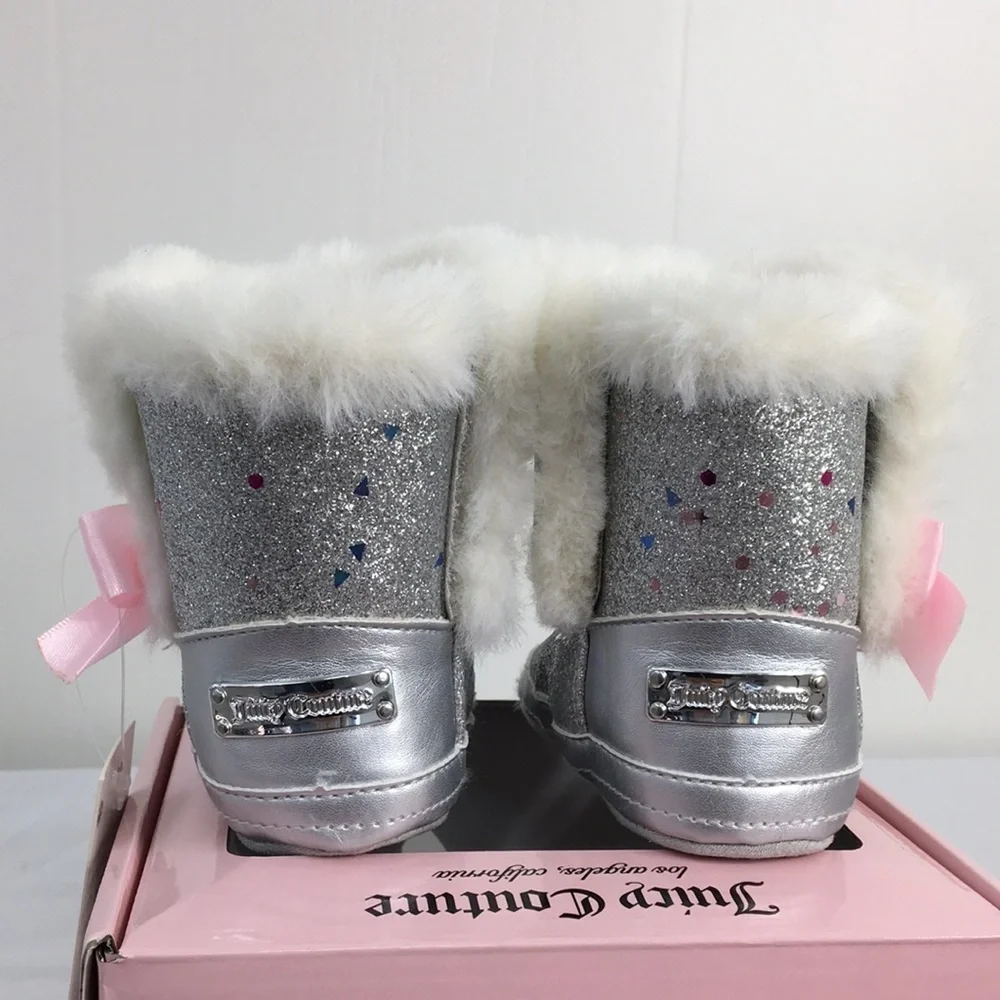 Juicy Couture Silver Glitter Sparkle Cerritos Boot Faux Fur Size 3m NEW In Box
